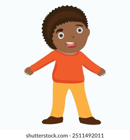 Cartoonist Black Boy in Orang T-shirt and Yellow pant isolated on white background. Editable vector EPS available