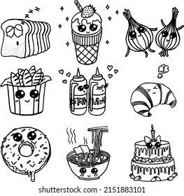Cartoonist food line art design. food vector. pizza. burger. noodles. cake. ice-cream.