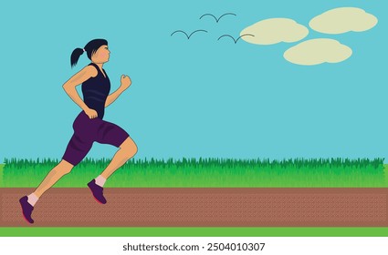 Cartoonist Girl in dark shorts running on the park track. Clouds and eagle in the sky. Running women with blue sky background. Editable vector EPS available