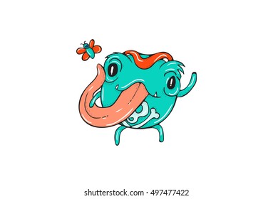Cartoonist lizard trying to catch bee with long tongue | Lizard with long tongue vector emoticon icon
