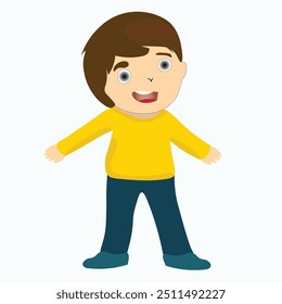 Cartoonist white Boy In yellow T-shirt and blue pant isolated on white background. Editable vector EPS available