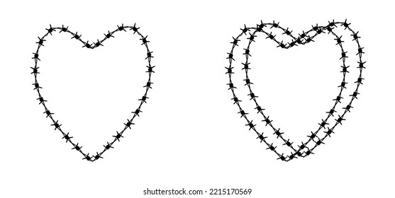 Cartoonl ove heart, valentine or valentines day  and rusty barbed wire. Wired or wires sign. For freedom or repression. Barbed icon fence idea. heart shape. Broken heart or romance