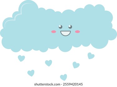 Cartoon-like illustration of a blue cloud with a smiling face. Wide smile. Below the cloud, there are several small blue heart shapes that appear to be falling from the cloud, rain. Happy cloud.