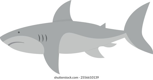 Cartoon-like illustration of a shark. The shark is depicted in a side profile with a grey body, a prominent dorsal fin, pectoral fins, and a tail fin. 