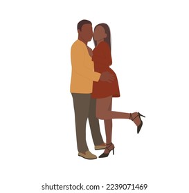 A cartoon-like man and woman couple in love stand side by side with their arms wrapped around each other in this flat vector illustration. The woman has long hair and is wearing a dress, while the man