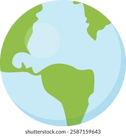 Cartoon-like representation of the Earth showing North America, South America, and parts of Europe and Africa, with green landmasses and light blue oceans. Planet, geography, world