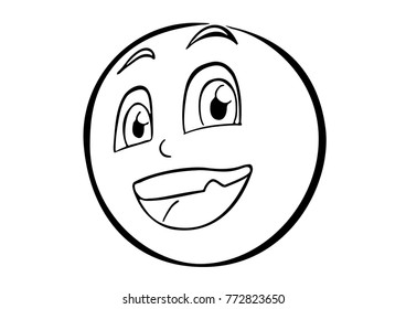 Cartoon-like smiling face within a circle. Drawing of a happy, funny, friendly facial expression created using ink-like, simple, fluid, black lines on a white background. Cheerful illustration 