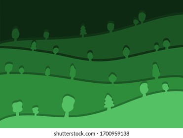 Cartoon-ähnliche Bäume auf Hügeln in verschiedenen Grüntönen. Frische und grüne Hügel mit kleineren und größeren Bäumen.