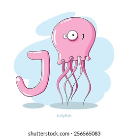 Cartoons Alphabet - Letter J with funny Jellyfish