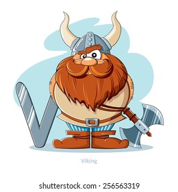 Cartoons Alphabet - Letter V with funny Viking