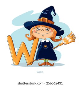 Cartoons Alphabet - Letter W with funny Witch