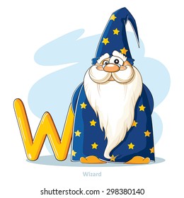 Cartoons Alphabet - Letter W with funny Wizard