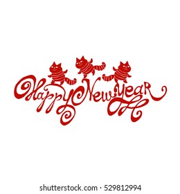 Cartoons cats and lettering "Happy New Year" on a white background. Vector elements for design of textile, the prints, packaging, postcards, posters. 