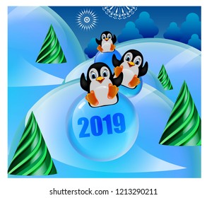 Cartoons characters. Christmas. Penguins are funny.  New Year's scenery.  Winter landscape. Penguins on the hill. Snow, Snowflakes. For congratulations. Signboard, banner, poster. Illustration.