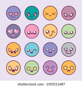 cartoons circles icon set design, Kawaii expression cute character funny and emoticon theme Vector illustration