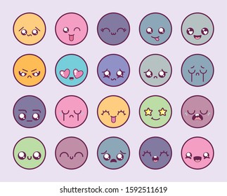 cartoons circles icon set design, Kawaii expression cute character funny and emoticon theme Vector illustration