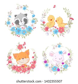 Cartoons cute animals in flower wreaths. Vector