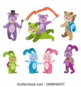 Cartoons cute bears and rabbits. Vector image on isolated white background.