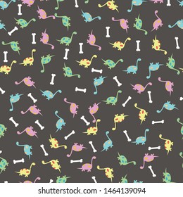 cartoons dinosaurs seamless pattern. dark background. vector illustration flat