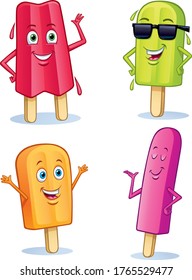Cartoons of four different fun flavored frozen fruit pop characters, featuring: strawberry, lime, orange, and raspberry.