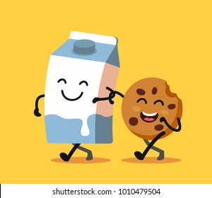 Cartoons of fun characters milk and cookies. Vector flat