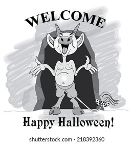 Cartoons funny imp near the entrance to the cave with the word "Welcome".