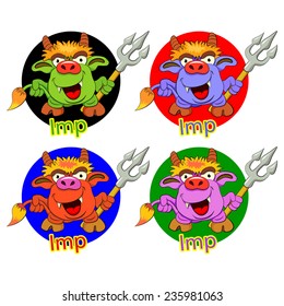 Cartoons funny imp with a trident in a hand. Four color options.