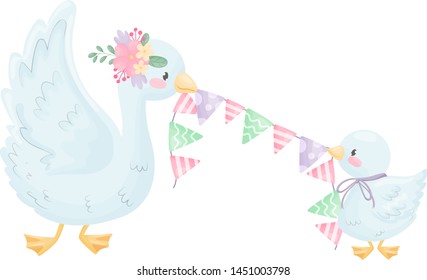 Cartoons goose and gosling hold a rope with flags. Vector illustration on white background.