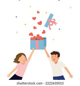Cartoons hand holding gift box and opening gift box, hearts in gift box for surprise.