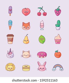 Cartoons icon set design, Kawaii expression cute character funny and emoticon theme Vector illustration