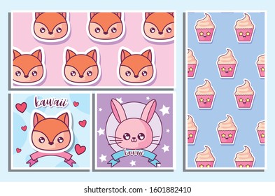 Cartoons icon set inside frames design, Kawaii expression cute character funny and emoticon theme Vector illustration