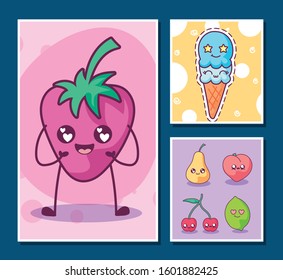 Cartoons icon set inside frames design, Kawaii expression cute character funny and emoticon theme Vector illustration