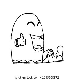 Cartoons icon with a toothless laugh, black and white outline with cute childish face expressions, smile, amazed emotion, emoji, emoticon, funny monster.