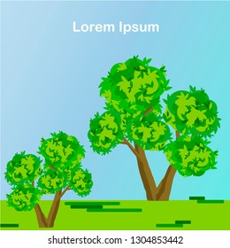 Cartoons landscape background. Green tree, Lorem Ipsum on blue sky. Flat design stock vector illustration for web, for print