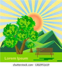 Cartoons landscape background, Lorem Ipsum. Green tree, mountain, yellow sun rays, blue sky. Flat design stock vector illustration for web, for print