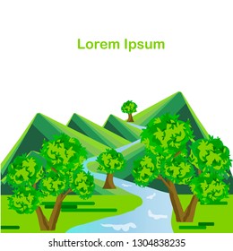 Cartoons landscape background, Lorem Ipsum. Green tree, mountain, river on white. Flat design stock vector illustration for web, for print