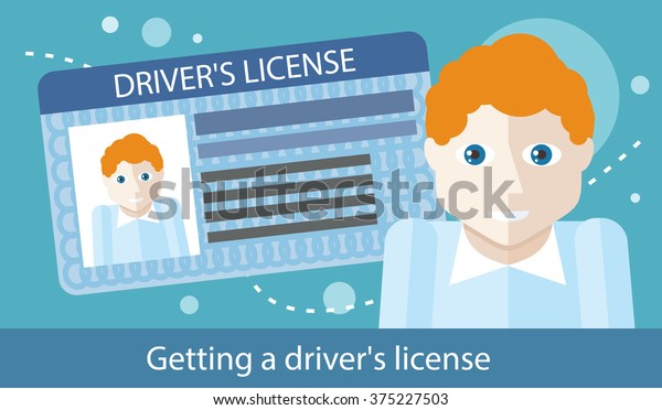Cartoons man with driver license modern car and\
road. Driver license identification card. International plastic\
driver licence. Vector driver license. Identification concept. Flat\
cartoon design