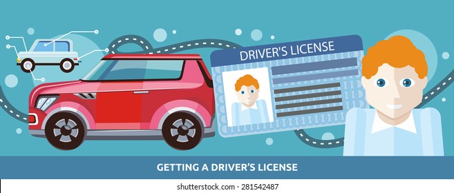 Cartoons man with driver license on the background of modern red car and road. Flat cartoon design style. For web banners, promotional materials, presentation templates