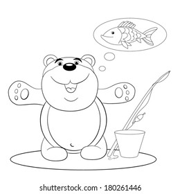 Cartoons merry bear with a fishing-rod and pail dreams to catch large fish. Coloring book.