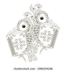Cartoons monochrome owl pair read book art design stock vector illustration for coloring book, for web, for print