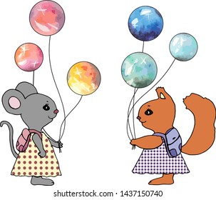 Cartoons mouse and squirrel with balls.