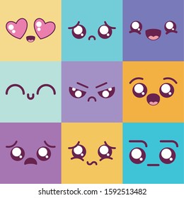cartoons multicolored frames icon set design, Kawaii expression cute character funny and emoticon theme Vector illustration