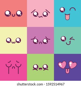 cartoons multicolored frames icon set design, Kawaii expression cute character funny and emoticon theme Vector illustration