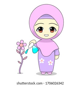Cartoons of Muslim women caring for plants. Daily fun activities. Vector - illustration of cute character