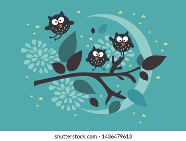 Cartoons owls are sitting on a tree branch
