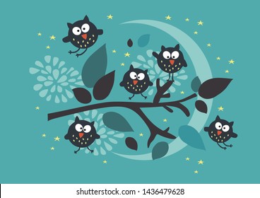 Cartoons owls are sitting on a tree branch