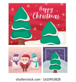 Cartoons and pine trees design, Merry chritmas winter season decoration card invitation celebration and holiday theme Vector illustration