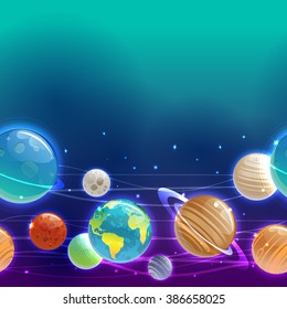 Cartoons planets colorful vector seamless border. Mercury, Venus, Earth, Mars, Jupiter, Saturn, Uranus, Neptune, Moon.