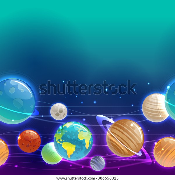 Cartoons\
planets colorful vector seamless border. Mercury, Venus, Earth,\
Mars, Jupiter, Saturn, Uranus, Neptune,\
Moon.