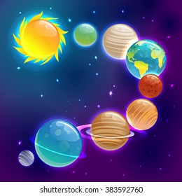 Cartoons planets colorful vector set against the starry sky. Solar System Planets. Sun, Mercury, Venus, Earth, Mars, Jupiter, Saturn, Uranus, Neptune.